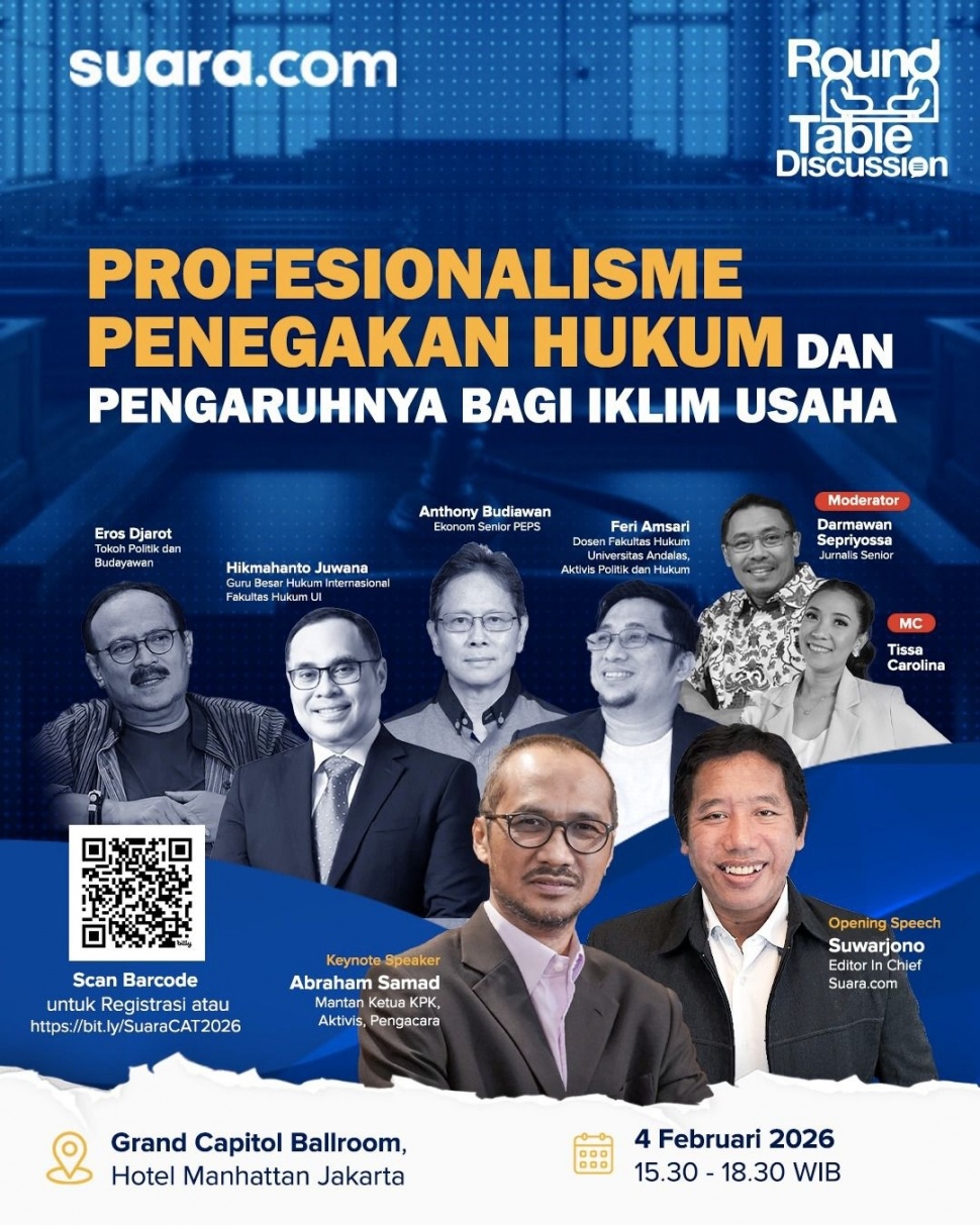 Seminar Nasional bertajuk &ldquo;Catatan Awal Tahun: Profesionalisme Penegakan Hukum dan Pengaruhnya terhadap Iklim Usaha&rdquo; akan hadir di Grand Capitol Ballroom, Hotel Manhattan Jakarta, Jakarta Selatan, Rabu (4/2/2026). (Dok: Suara.com)