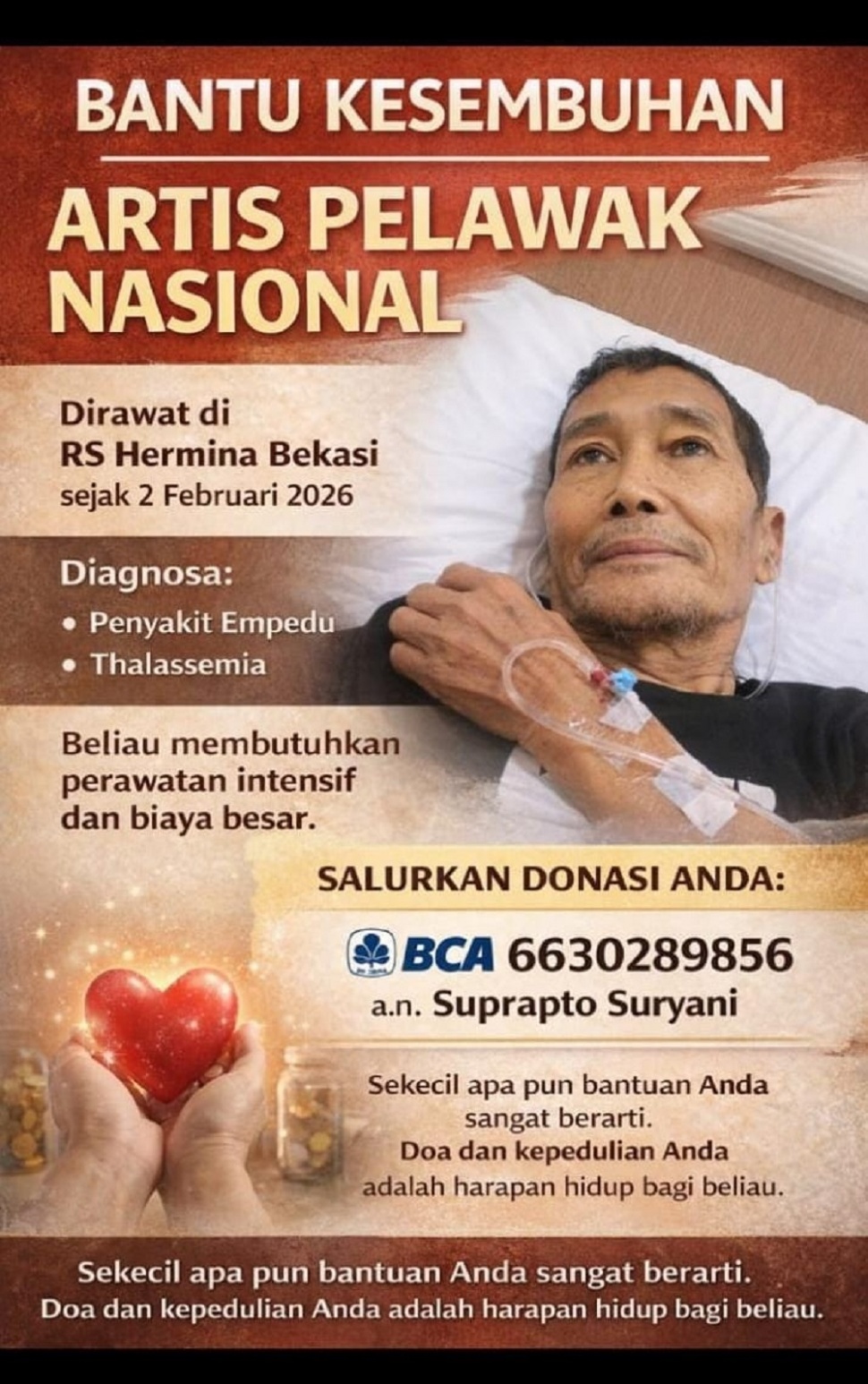 Pelawan Prapto Pempek mengalami komplikasi penyakit dan butuh bantuan dana. [Instagram]