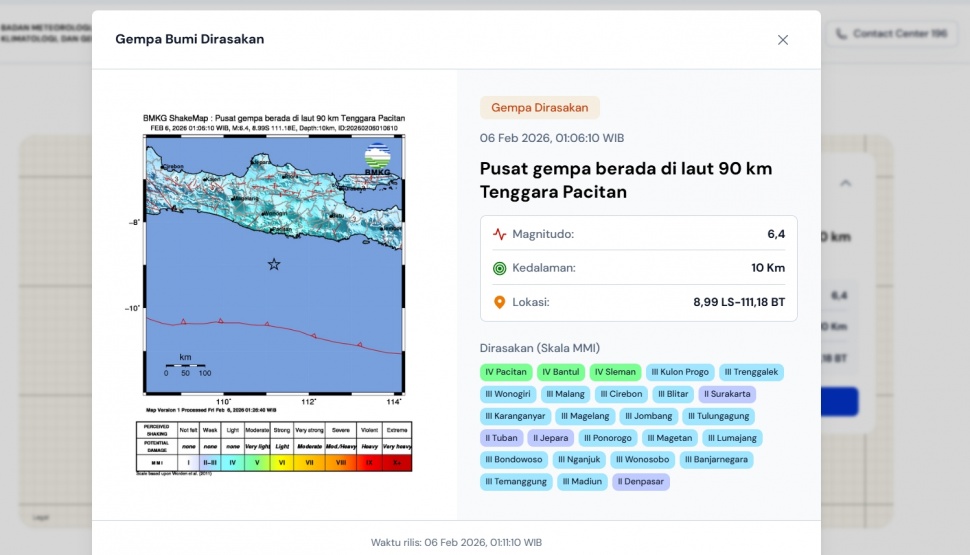 Gempa Pacitan 6 Februari 2026 pukul 01.06 WIB. (BMKG)