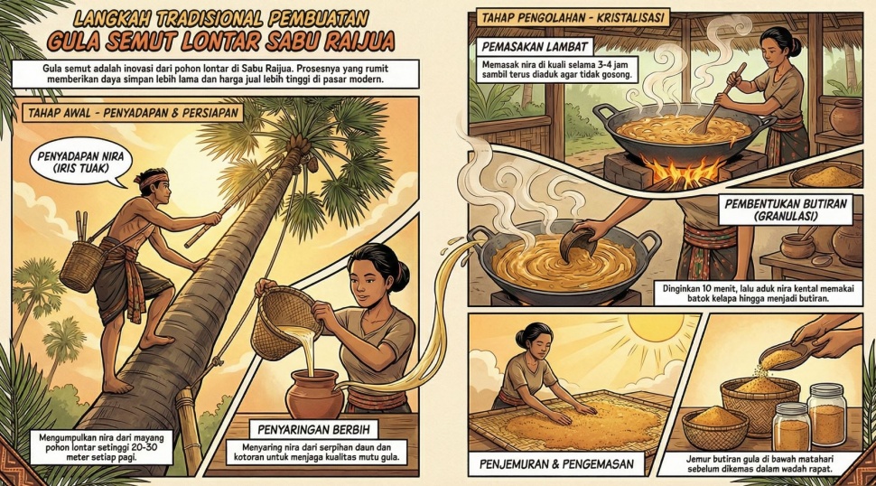 Ilustrasi proses produksi gula semut.(Dibuat oleh Google NotebookLM)
