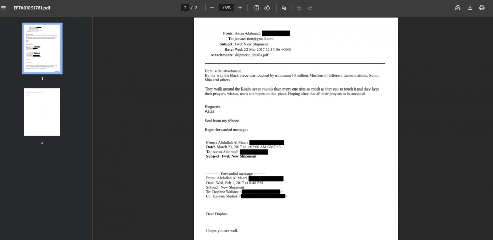 Kronologi Kiswah Kakbah sampai ke tangan Epstein. (DOJ, EFTA01051761)