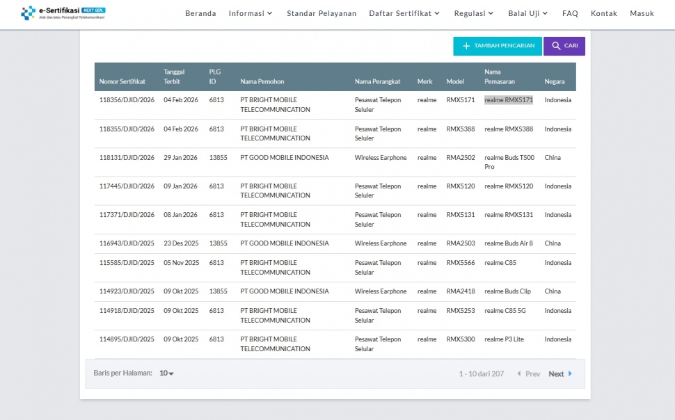 Realme 16 5G lolos sertifikasi di Indonesia. (Postel Komdigi)
