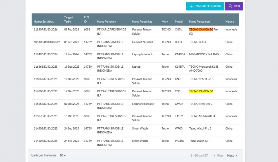 Tecno Camon 50 Pro 5G dan Tecno Camon 50 lolos sertifikasi di Indonesia. (Postel Komdigi)