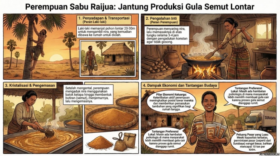 Infografis peran perempuan dalam produksi gula semut di Sabu Raijua.(Dibuat oleh NotebookLM)