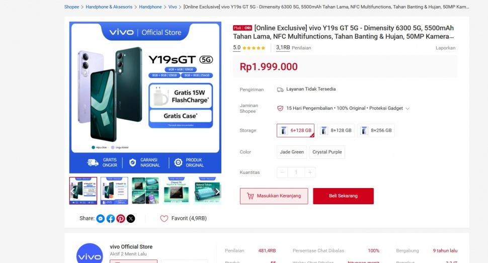 HP 5G murah, Vivo Y19sGT. (Shopee)