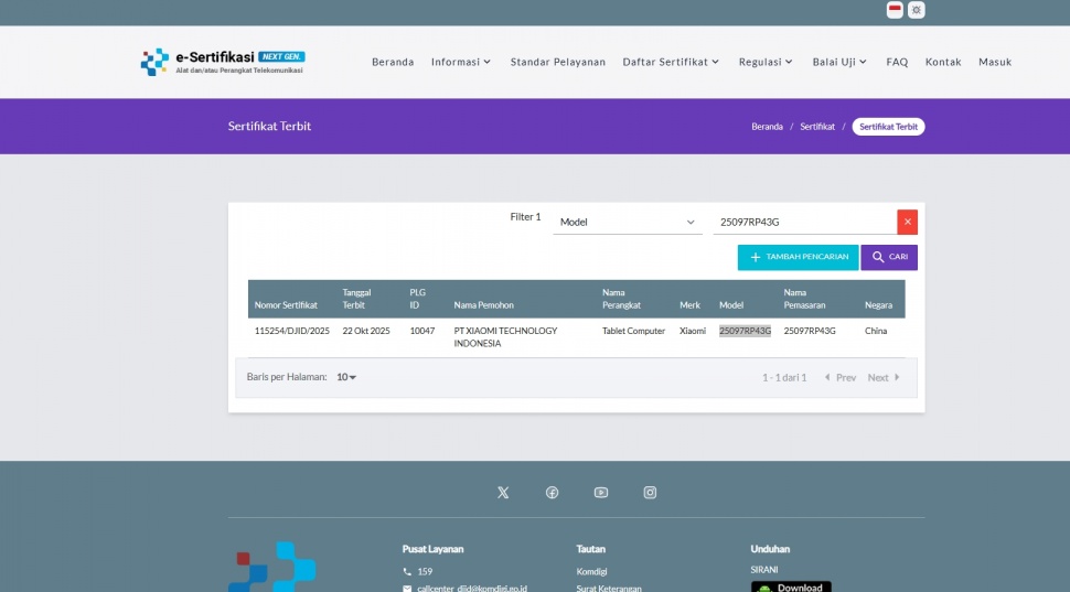Xiaomi Pad 8 lolos sertifikasi di Indonesia. (Postel Komdigi)