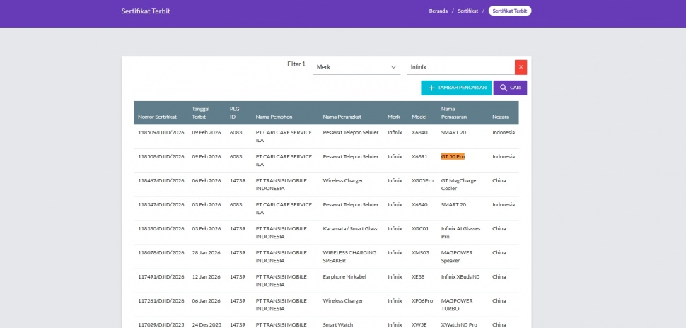 Infinix GT 50 Pro lolos sertifikasi di Indonesia. (Postel Komdigi)