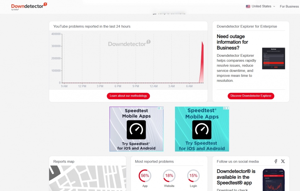 YouTube Down pada 18 Februari 2026. (downdetector)