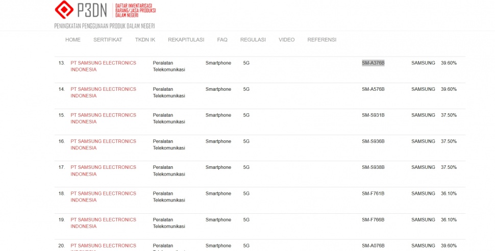 Samsung Galaxy A37 dan Galaxy A57 lolos sertifikasi TKDN. (P3DN Kemenperin)