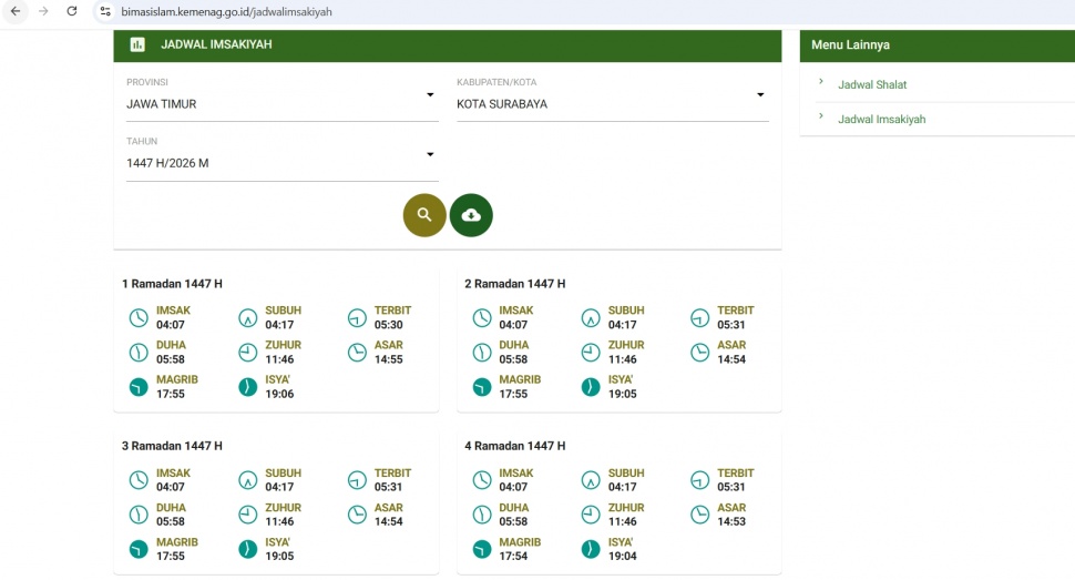 Jadwal Buka Puasa Surabaya 20 Februari 2026. (Kemenag)