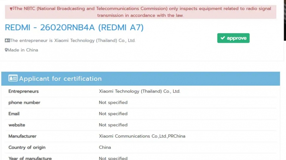 Redmi A7 lolos sertifikasi di Thailand. (NBTC)