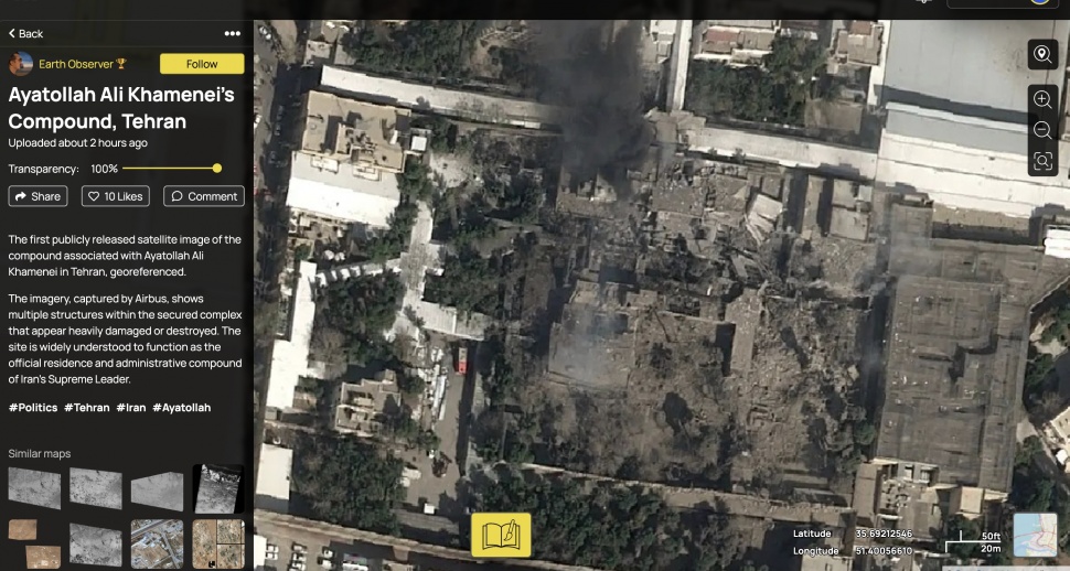 Citra satelit rumah Ali Khamenei yang hancur dibombardir Israel serta Amerika Serikat (kanan). [SOAR/Suara.com]