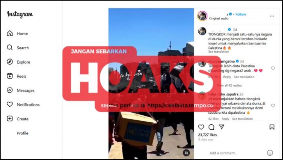 Tangkapan layar akun IG Cek Fakta Bantuan China ke Gaza. [Tangkapan layar]