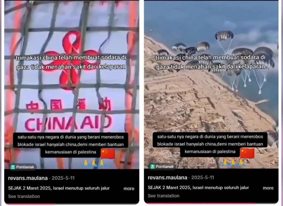 Kolase unggahan di media sosial Tiktok glorifikasi bantuan China ke Gaza. [Kolase Tiktok]