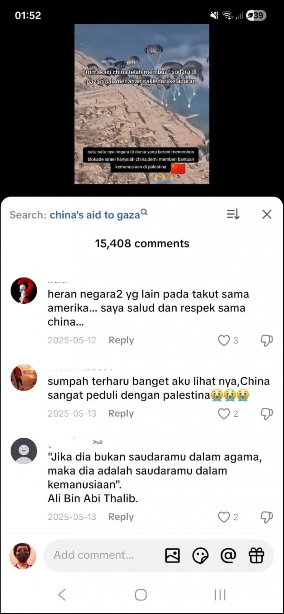 Tangkapan layar komentar di salah satu akun Tiktok yang menuliskan kata-kata Sayyidina Ali bin Abi Thalib. [Tangkapan layar TikTok]
