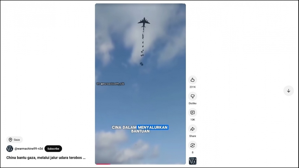 Tangkapan layar hoax bantuan china ke Gaza. [Tangkapan layar]