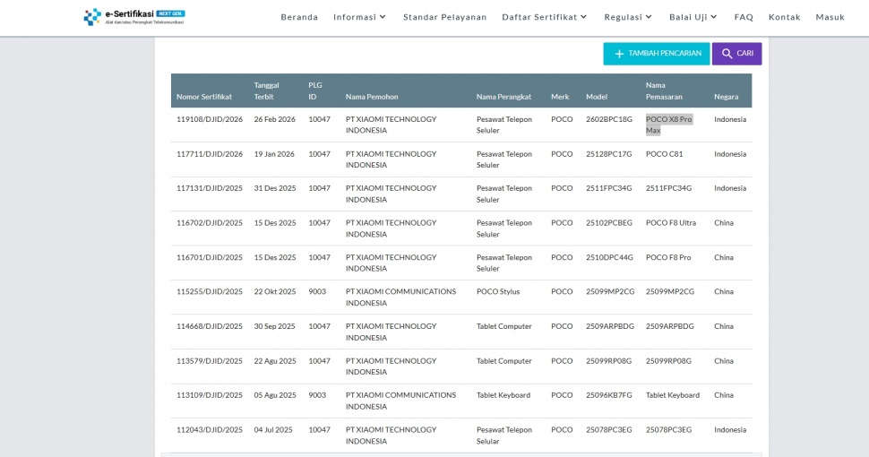 POCO X8 Pro Max lolos sertifikasi di Indonesia. (Postel)