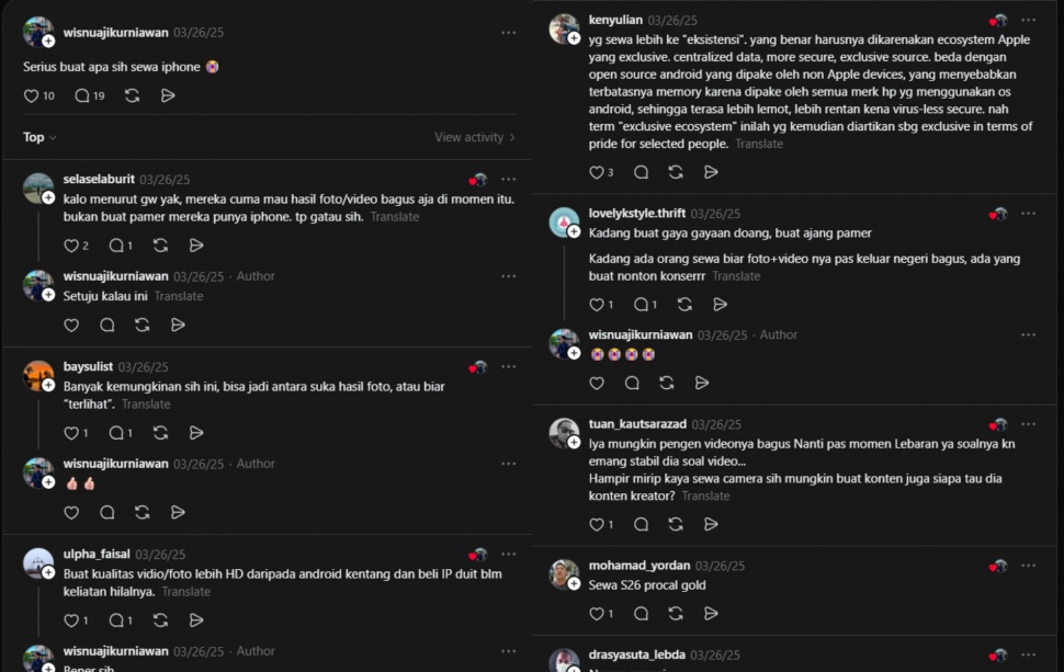 Perbincangan sewa iphone di media sosial. (Dok. Tangkap Layar)