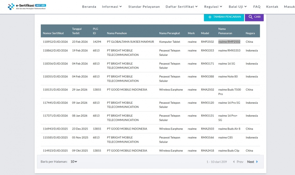 Realme Pad 3 lolos sertifikasi di Indonesia. (Postel)