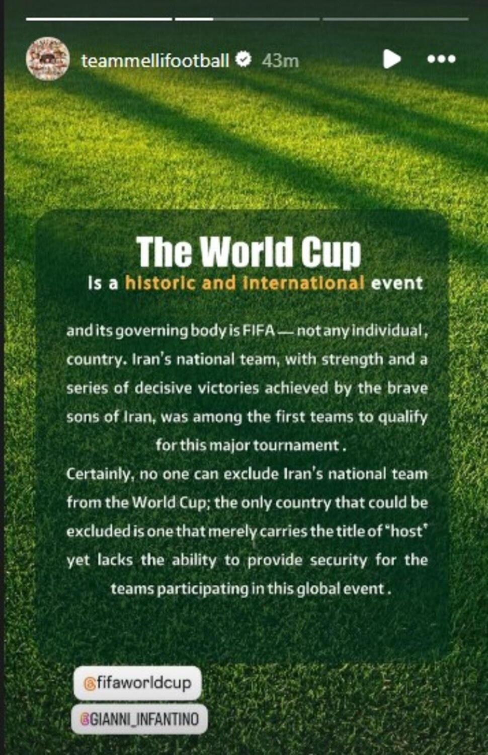 Pernyataan keras datang dari pihak Iran terkait polemik keikutsertaan mereka di Piala Dunia 2026 dan sebagai jawaban atas pernyataan dari Presiden AS Donald Trump. [Tangkap layar Instagram]