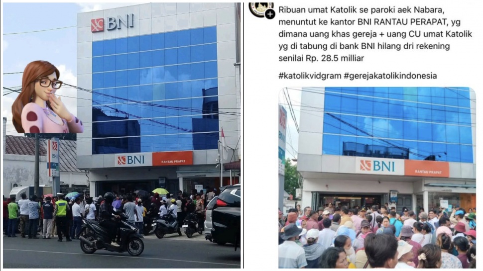 Umat Paroki Aek Nabara berdemonstrasi di kantor BNI Rantauprapat, Labuhanratu, Sumatera Utara, Kamis pekan lalu. Mereka menuntut pertanggungjawaban BNI yang menghilangkan dana gereja Rp 28 miliar. [Suara.com] 