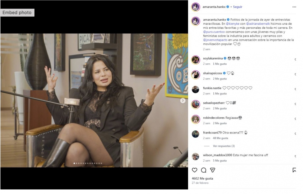 Deicy Alejandra Omaña Ortiz atau lebih dikenal sebagai Amaranta Hank, mantan pemain film dewasa yang menang Pemilu 2026 di Kolombia. Dia berjanji membela HAM bagi kelompok marjinal.