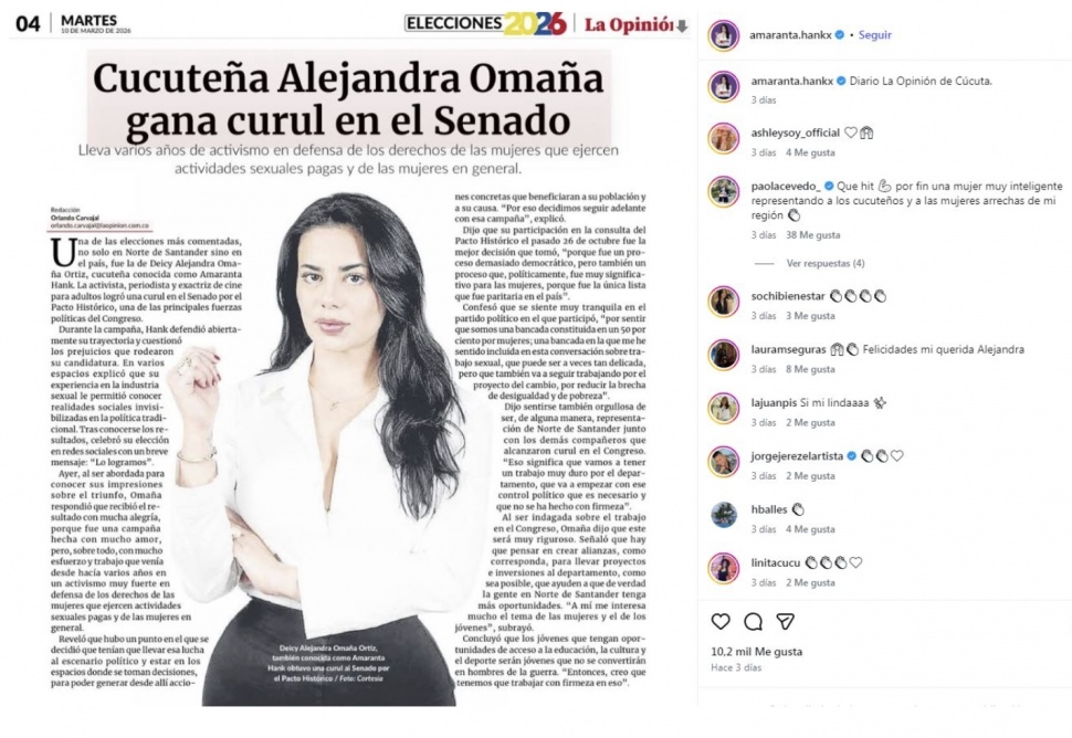 Deicy Alejandra Omaña Ortiz atau lebih dikenal sebagai Amaranta Hank, membuat geger Kolombia karena berhasil memenangkan Pemilu senat 2026.