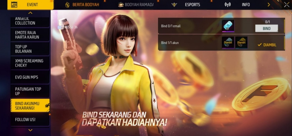Bind akun FF Max berhadiah Diamond dan tiket Luck Royale. (Suara.com/ Rezza Rachmanta)