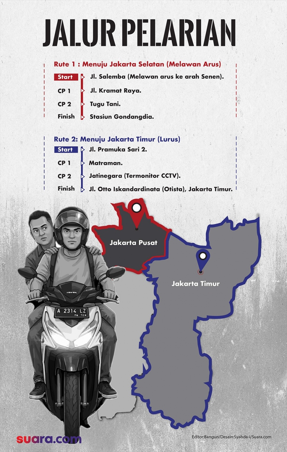 Jalur pelarian pelaku penyiraman air keras ke Andrie Yunus. (Dok. Suara.com)