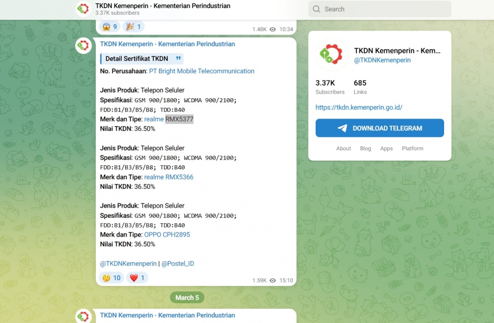 HP murah Realme RMX5377 lolos sertifikasi di Indonesia. (P3DN Kemenperin)