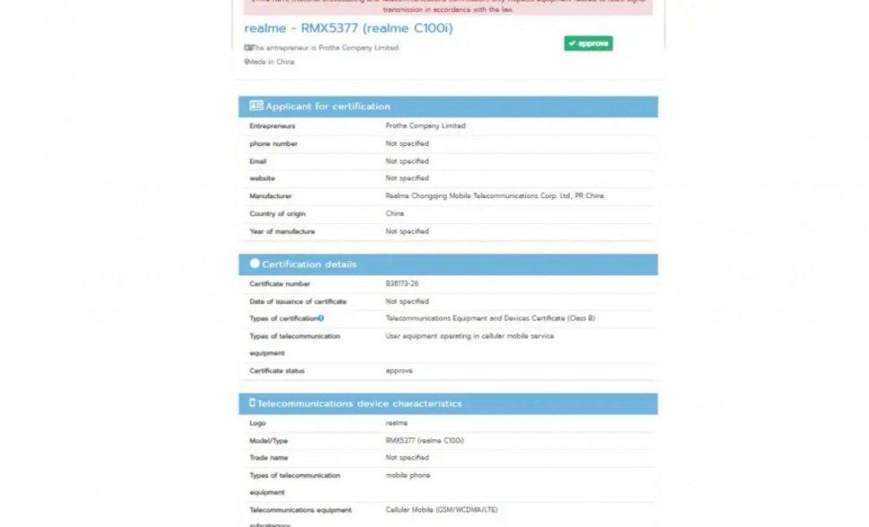 HP murah Realme RMX5377 lolos sertifikasi di Thailand. (NBTC)