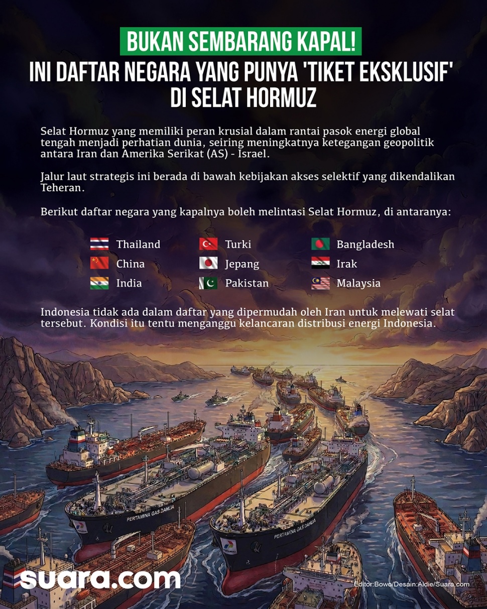Infografis Indonesia tidak masuk dalam daftar negara sahabat yang diizinkan Iran melintas bebas di Selat Hormuz. (Suara.com/Aldie)
