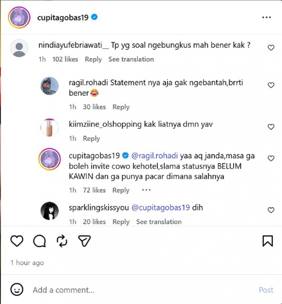 Pengakuan jujur Cupi Cupita soal ke hotel dengan Andre. [Instagram]