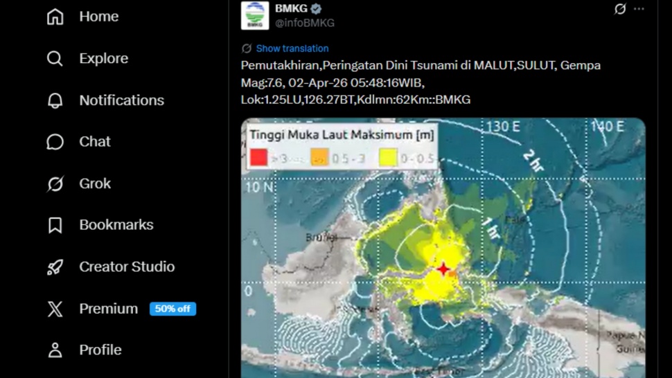 Gempa Bumi Sulut 2 April 2026 berpotensi tsunami. (BMKG)