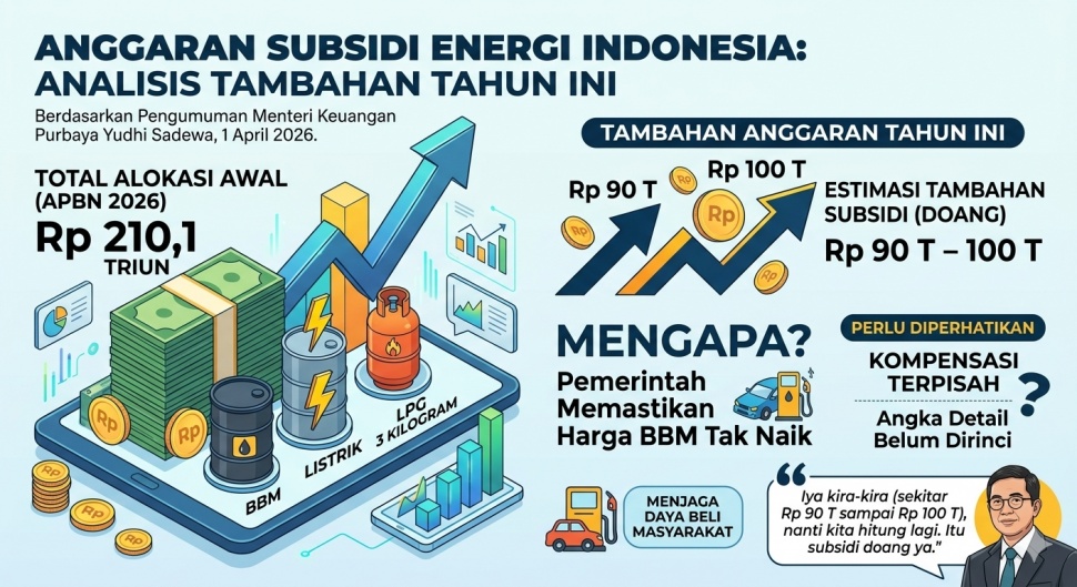 Menteri Keuangan Purbaya Yudhi Sadewa mengatakan kalau anggaran subsidi energi bertambah Rp 90 triliun hingga Rp 100 triliun tahun ini. Pengumuman ini disampaikan usai Pemerintah memastikan harga BBM tak naik. Foto Gemini AI.
