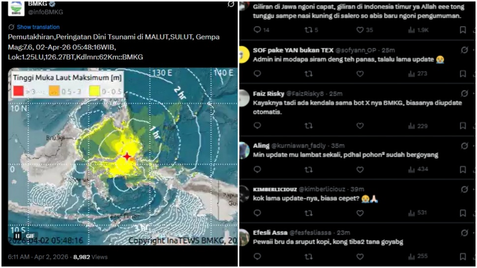 Netizen keluhkan notifikasi peringatan gempa dan tsunami dari BMKG telat. (X)