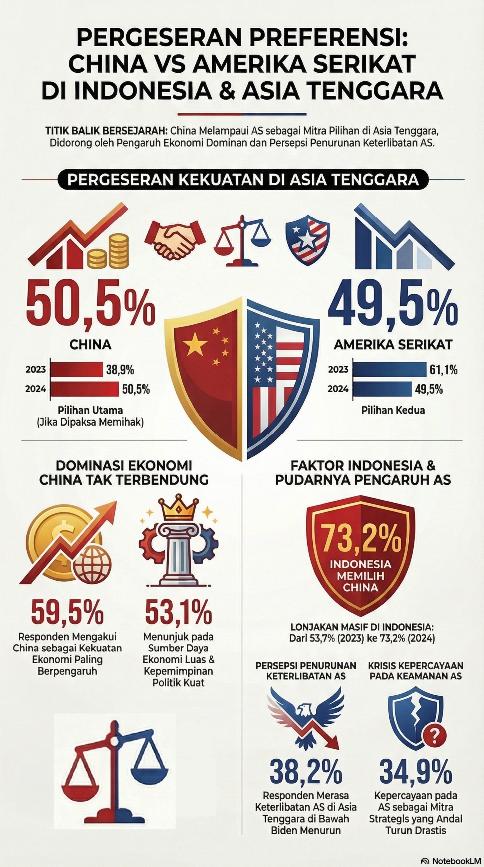 Infografis pergeseran sentimen dan perbandingan pengaruh China dan Amerika Serikat di Indonesia. [Data: Survei ISEAS/Olah grafis: NotebookLM]
