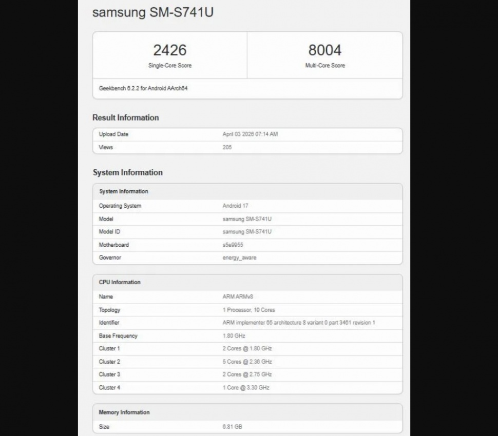 Samsung Galaxy S26 FE memakai chipset Exynos 2500. (Geekbench)