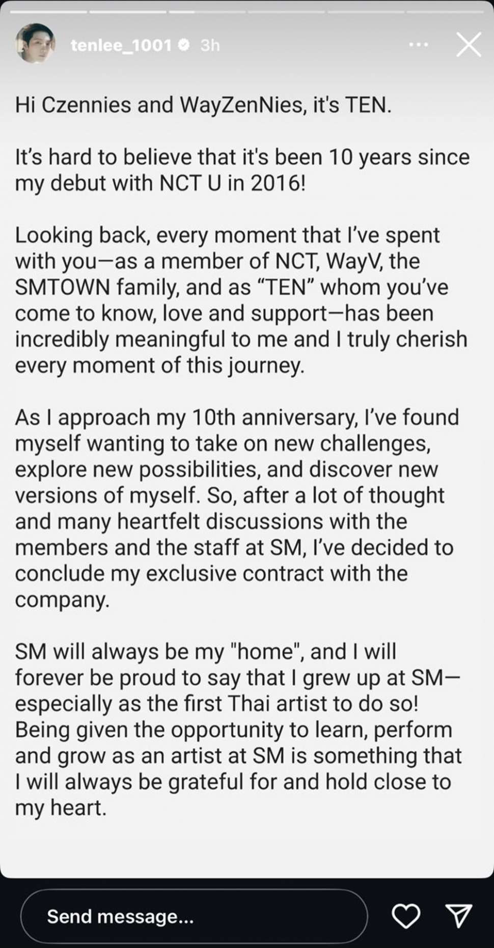 Ten NCT resmi hengkang dari SM Entertainment [Instagram]