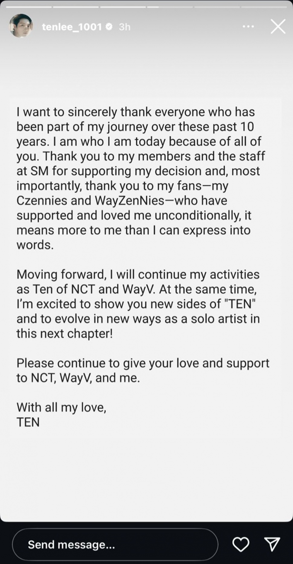 Ten NCT resmi hengkang dari SM Entertainment [Instagram]