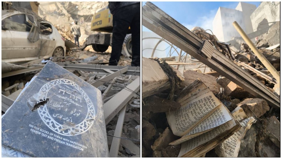 Tanakh, kitab suci Yahudi, berserakan di antara puing-puing Sinagoge Rafi-Nia, Teheran, Iran, yang hancur dibom Israel, Selasa (7/4/2026). [MEHR News Agency]