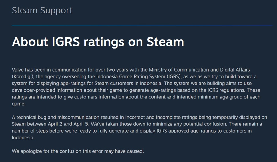 Pernyataan Steam terkait IGRS. [Steam Support]