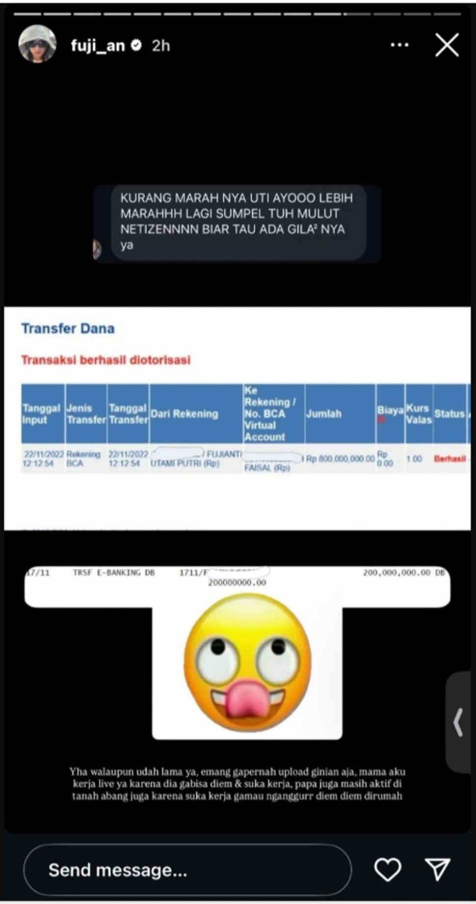 Fuji tunjukkan bukti transferan duit ke keluarga [Instagram]
