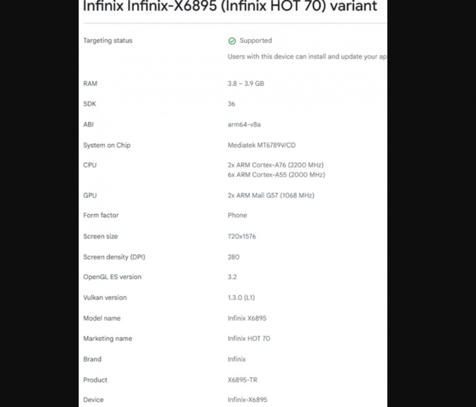 HP murah Infinix Hot 70 bakal mengusung RAM 4 GB. (Google Play Console) 