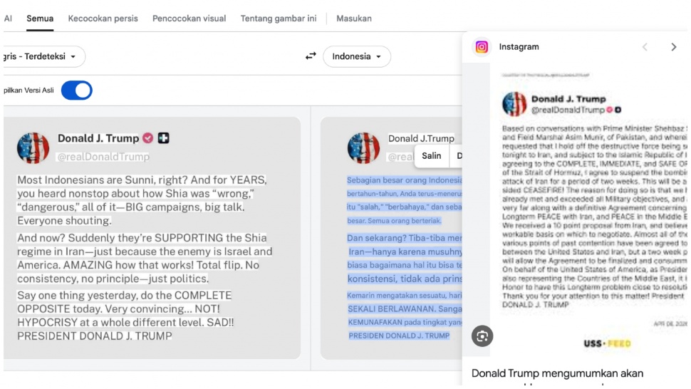 Hasil pemeriksaan Suara.com memakai Google Lens, ditemukan gambar unggahan Trump yang memprovokasi masyarakat Indonesia adalah hasil manipulasi. [Suara.com]