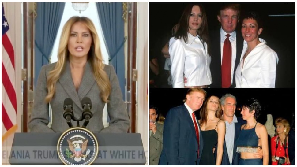 Melania Trump saat memberikan klarifikasinya, Jumat 10 April 2026 (kiri) dan foto-foto Melania, Donald Trump serta Jeffrey Epstein dalam sebuah pesta yang diambil dari dokumen kejahatan Epstein (kanan). [Suara.com]