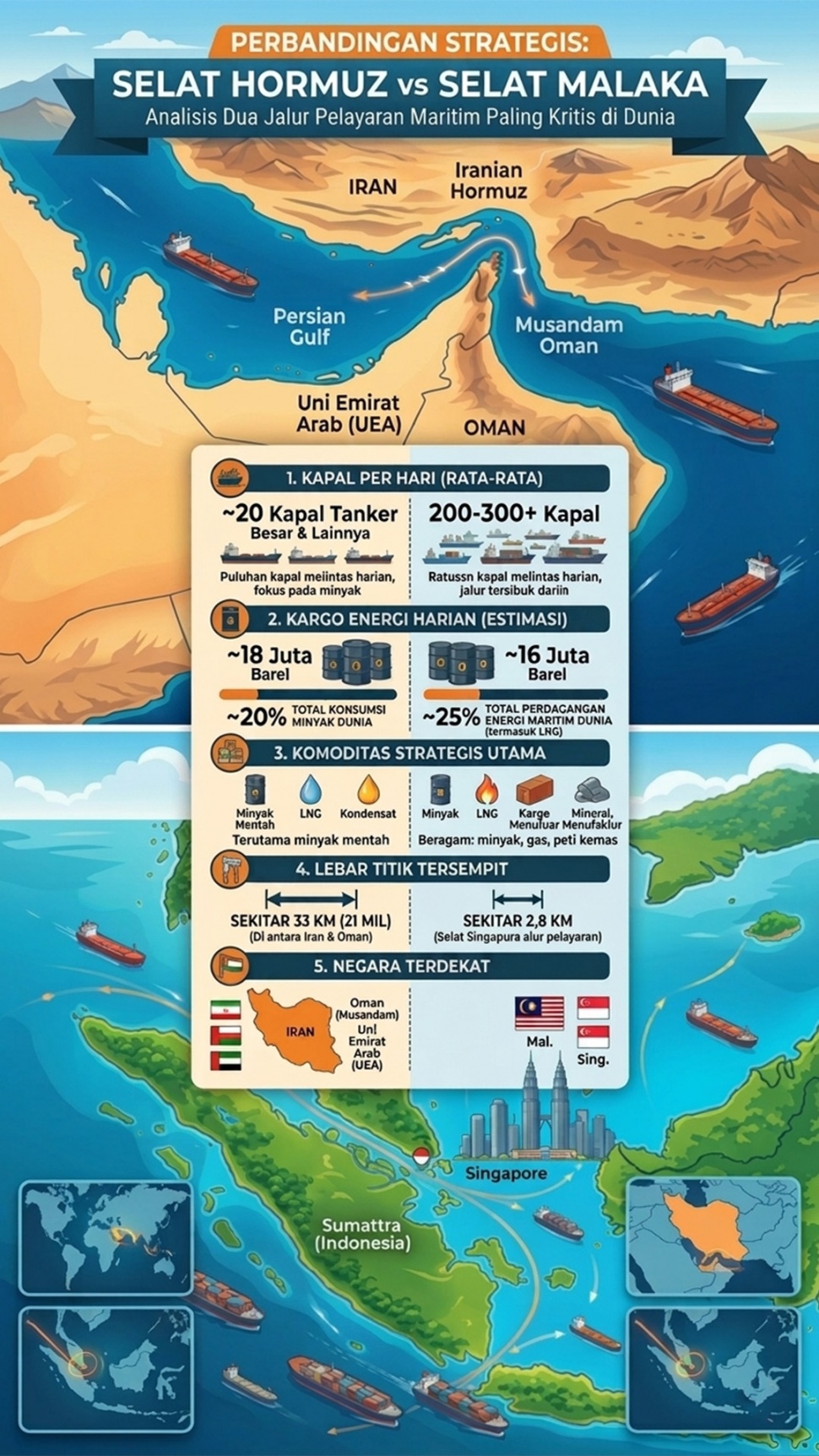 Secara geopolitik, Selat Malaka jauh lebih strategis dari Selat Hormuz. Komoditas perdagangan yang melintasi Selat Malaka juga lebih banyak dan lebih penting ketimbang Hormuz. [Suara.com/Gemini/Syahda]