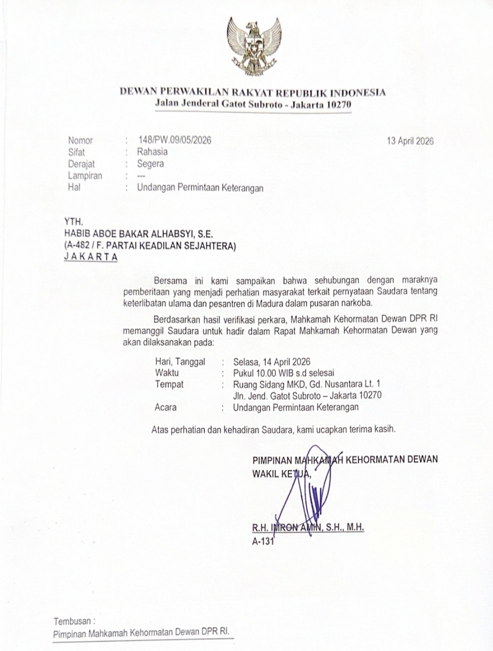 MKD DPR RI melayangkan surat pemanggilan kepada Anggota Komisi III DPR RI Fraksi PKS, Habib Aboe Bakar Alhabsyi. [istimewa]