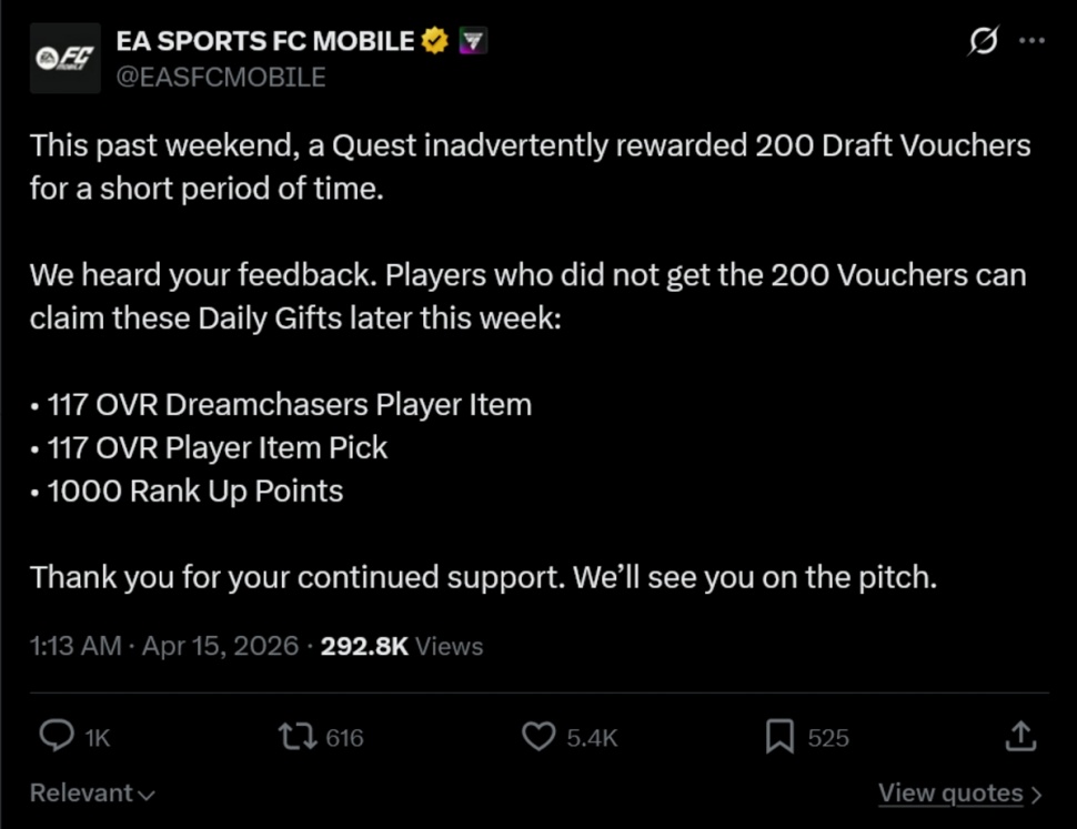 Unggahan EA Sports soal hadiah harian (X)
