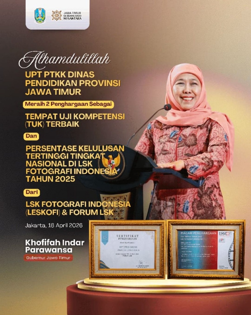  Jatim meraih dua penghargaan bergengsi Nasional sebagai Tempat Uji Kompetensi (TUK) Terbaik. (Dok: Pemprov Jatim)